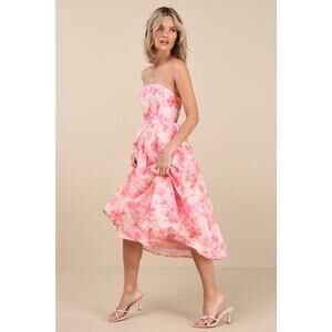NWT Lulus Eulalia Pink Floral Lace-Up Strapless Bustier Midi Dress Wedding Sz XL